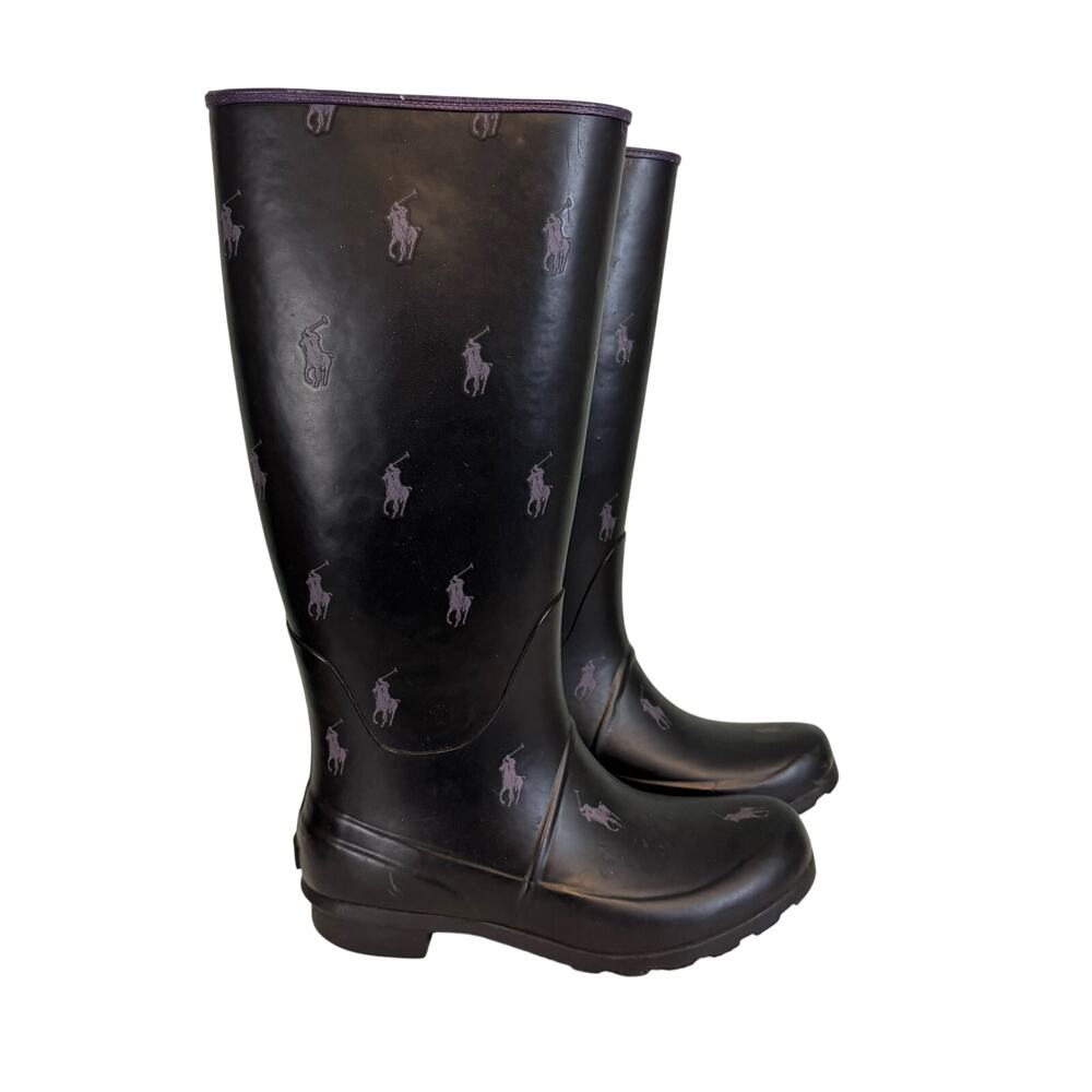 Polo Ralph Lauren Rain Barn Boots Women 9.5 Black Purple Allover Pull On Rubber